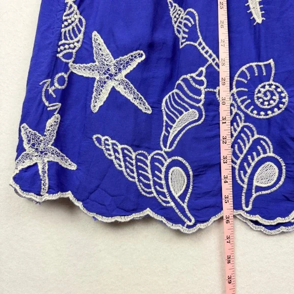 LAFFAIRE M Blue Nautical Sea Shell Starfish Embroidered Tiered Maxi Skirt Beach - Picture 10 of 10